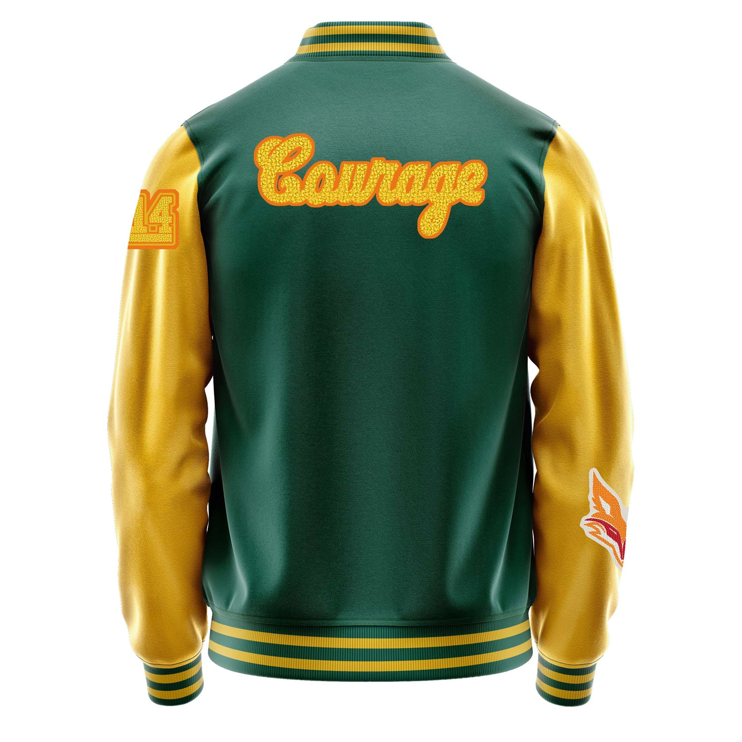 Custom Green Varsity Jacket Patches Egg Yellow Leather Sleeves - Fox head