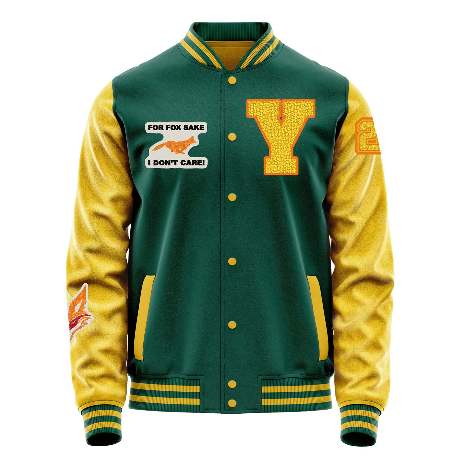 Custom Green Varsity Jacket Patches Egg Yellow Leather Sleeves - Fox head