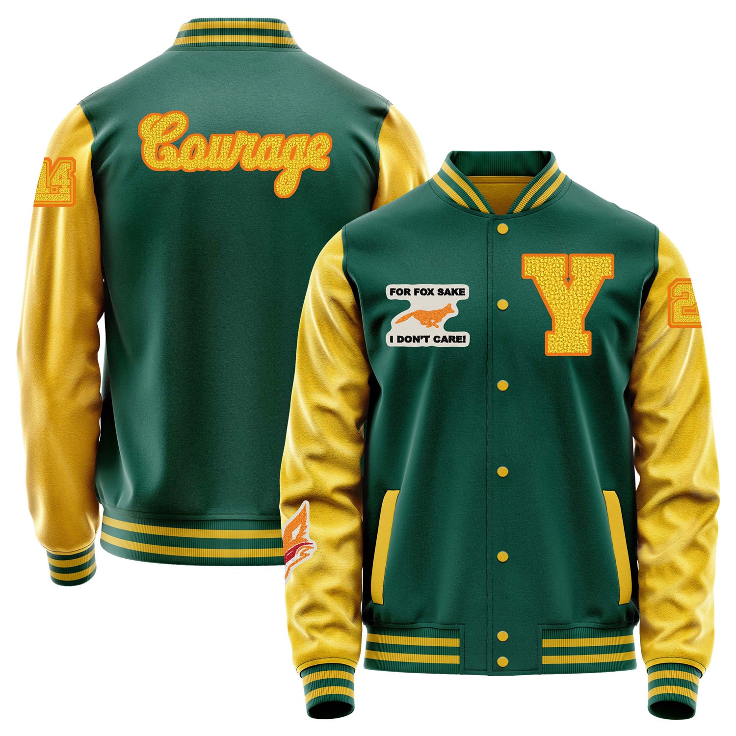 Custom Green Varsity Jacket Patches Egg Yellow Leather Sleeves - Fox head