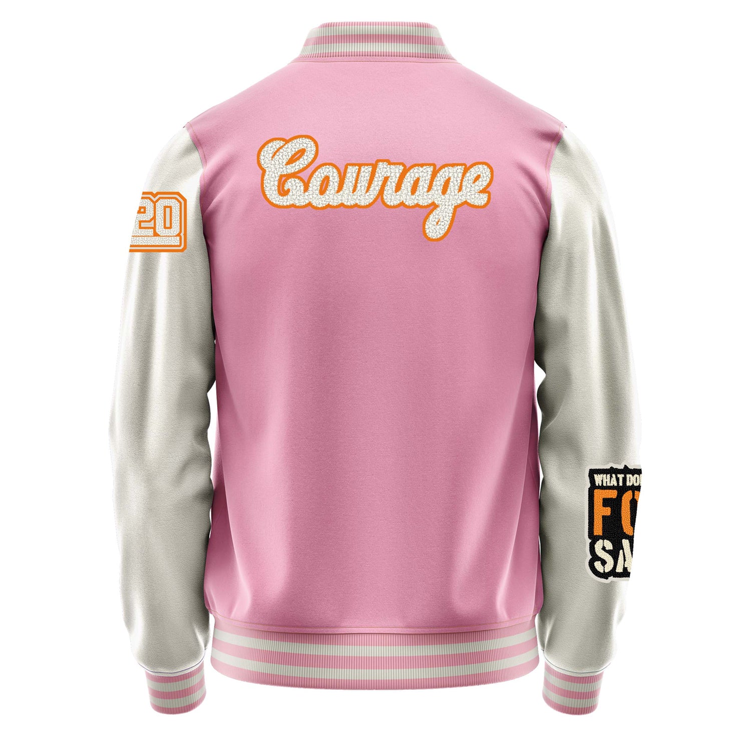 Custom Pink Varsity Jacket Patches Beige Leather Sleeves - What does the fox say？