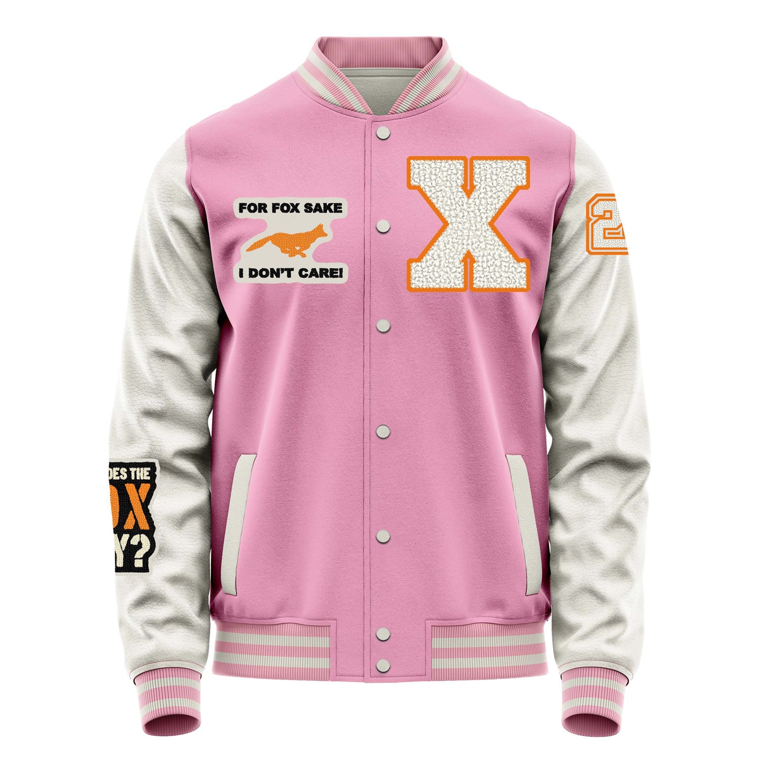 Custom Pink Varsity Jacket Patches Beige Leather Sleeves - What does the fox say？