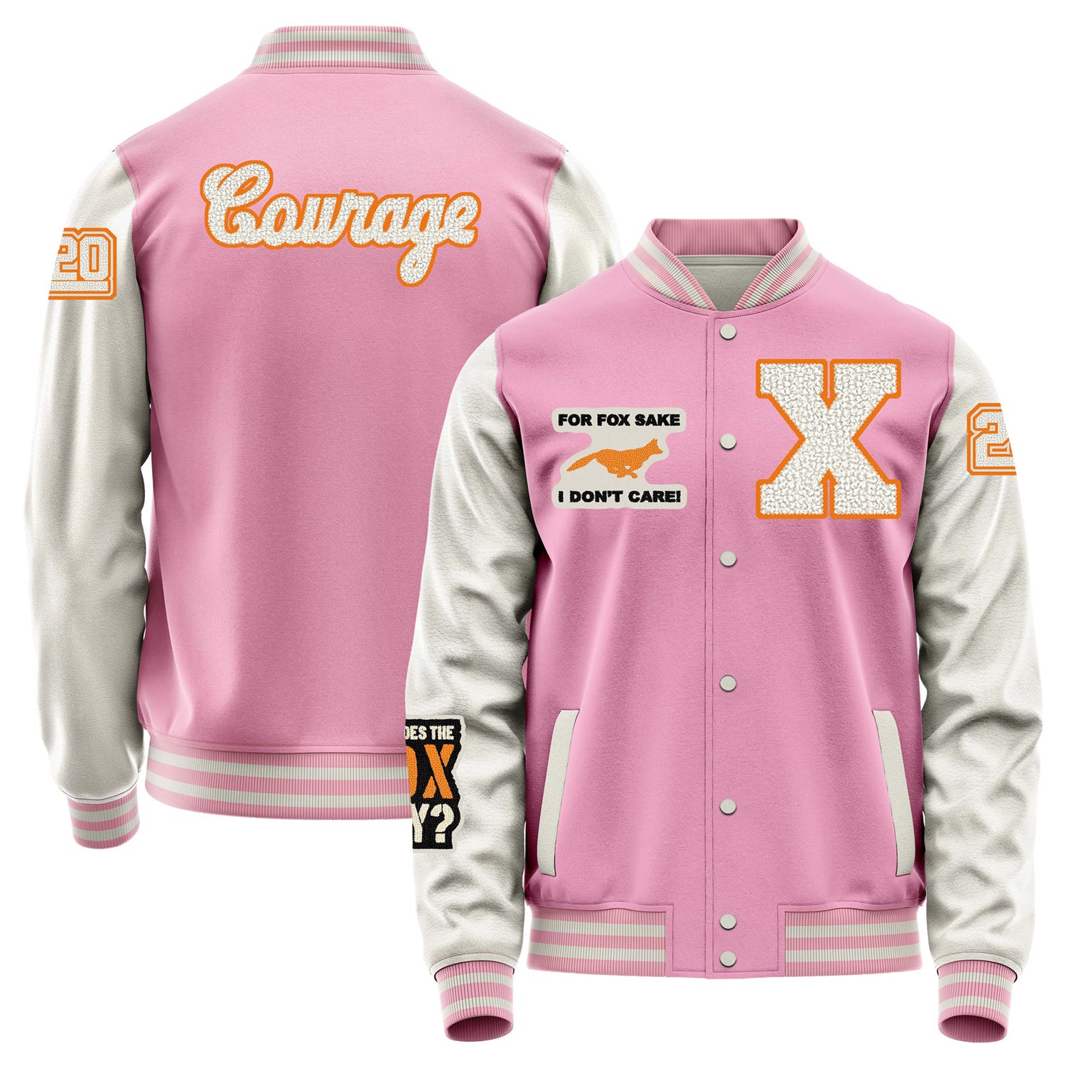 Custom Pink Varsity Jacket Patches Beige Leather Sleeves - What does the fox say？