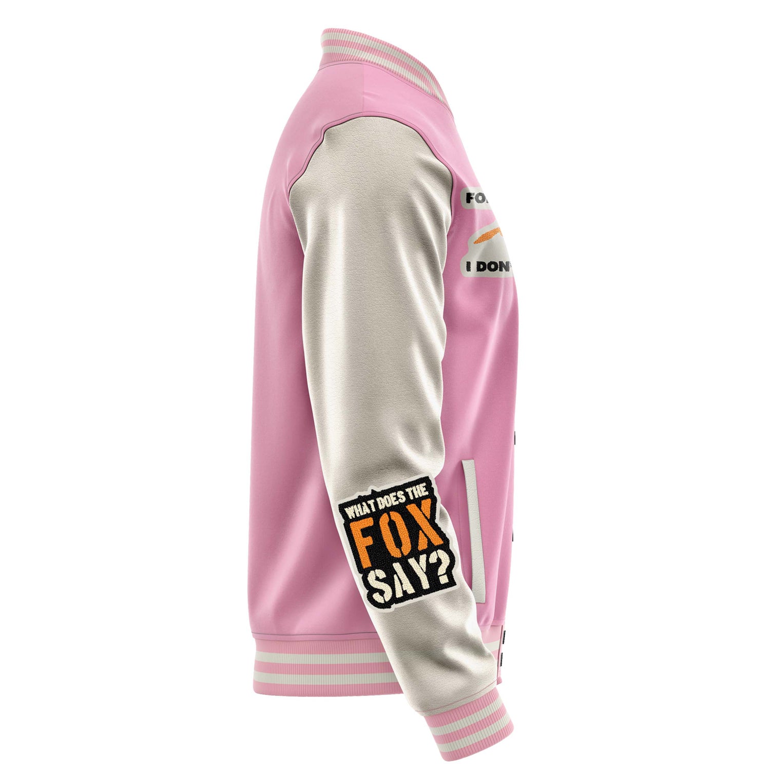 Custom Pink Varsity Jacket Patches Beige Leather Sleeves - What does the fox say？