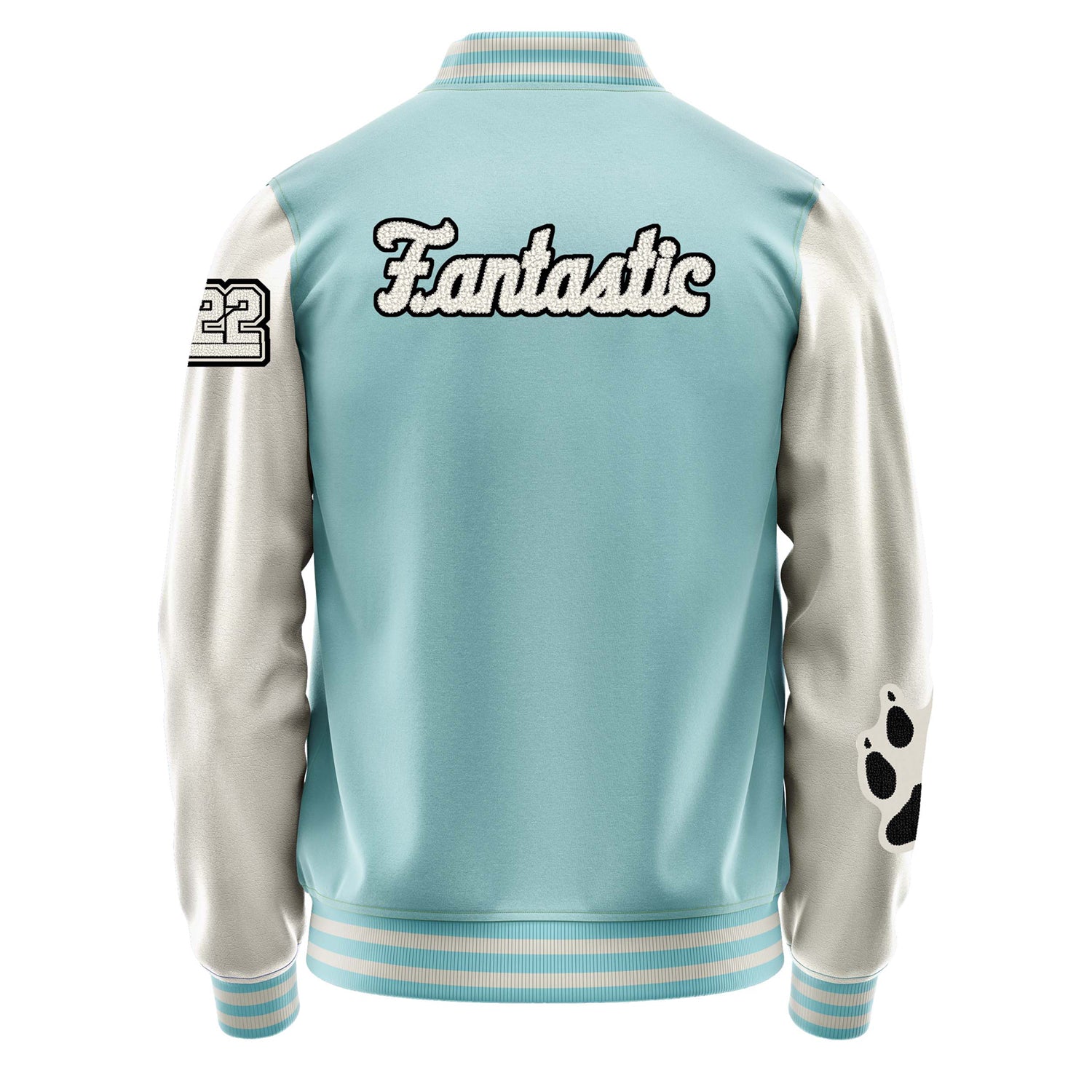 Custom Light Blue Varsity Jacket Patches Beige Leather Sleeves - Fox Paw Prints