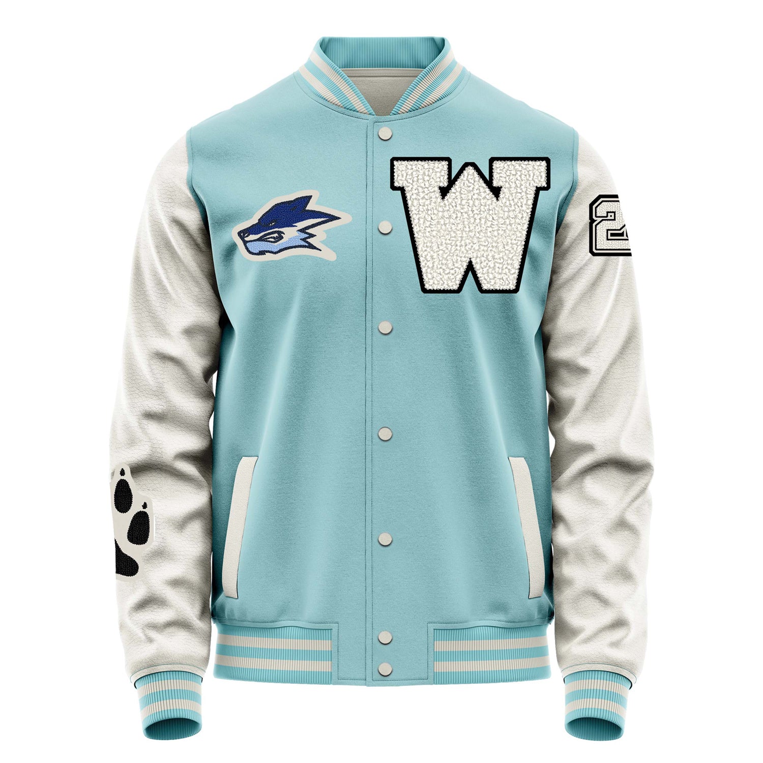 Custom Light Blue Varsity Jacket Patches Beige Leather Sleeves - Fox Paw Prints