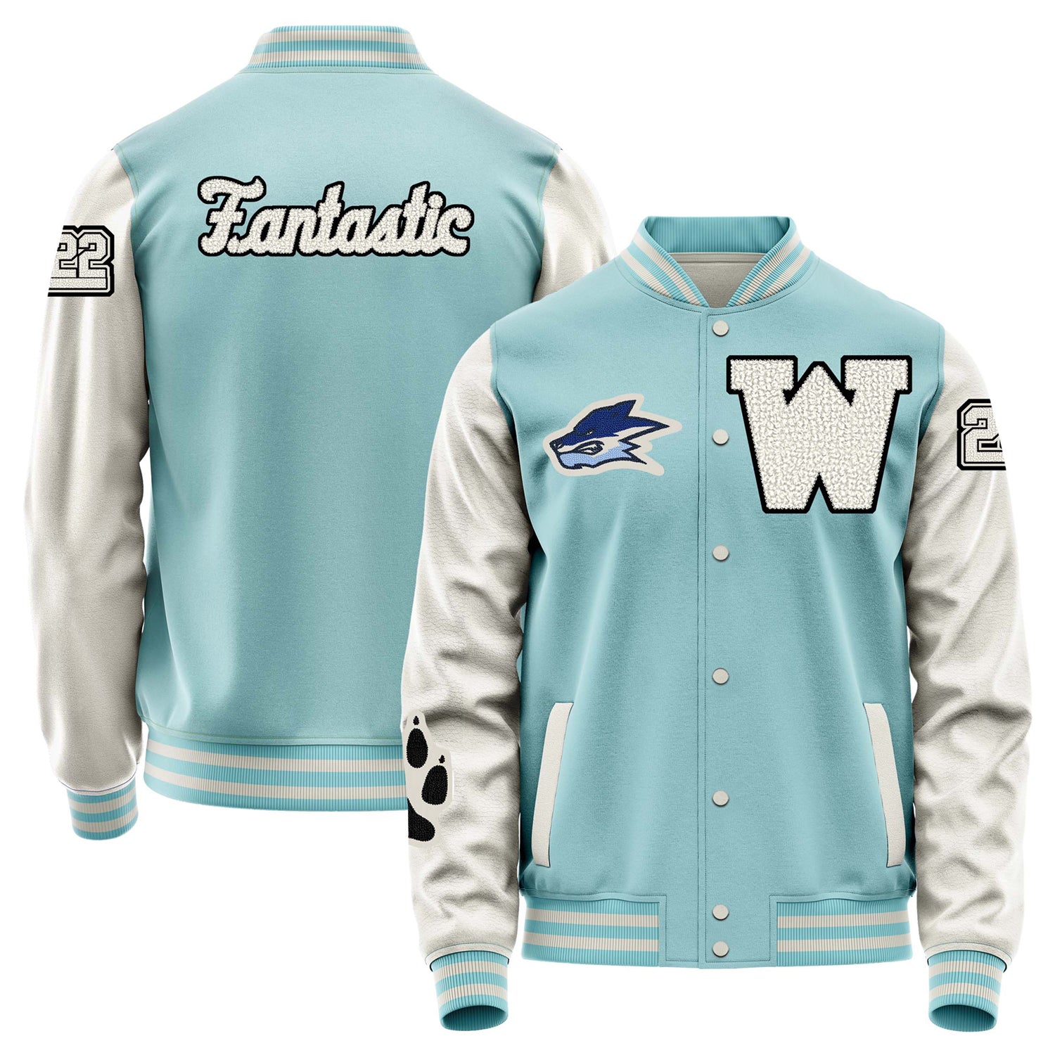 Custom Light Blue Varsity Jacket Patches Beige Leather Sleeves - Fox Paw Prints