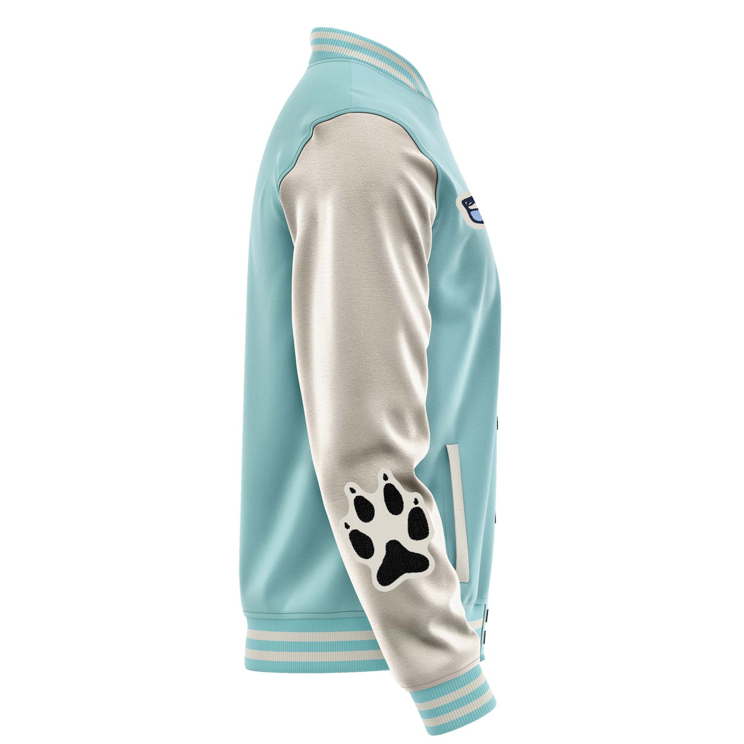 Custom Light Blue Varsity Jacket Patches Beige Leather Sleeves - Fox Paw Prints