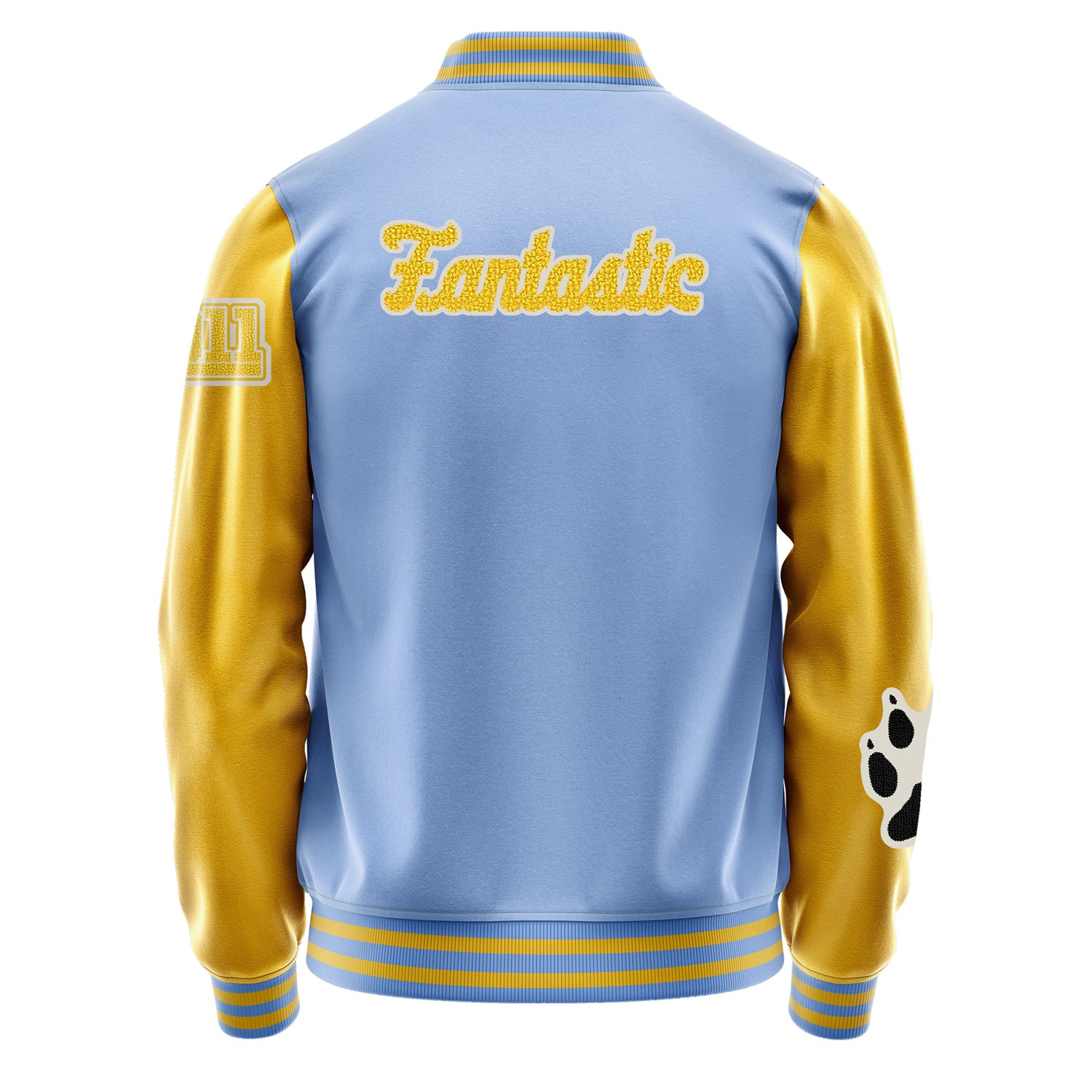 Custom Sky Blue Varsity Jacket Patches Egg Yellow Leather Sleeves - Fox Paw Prints