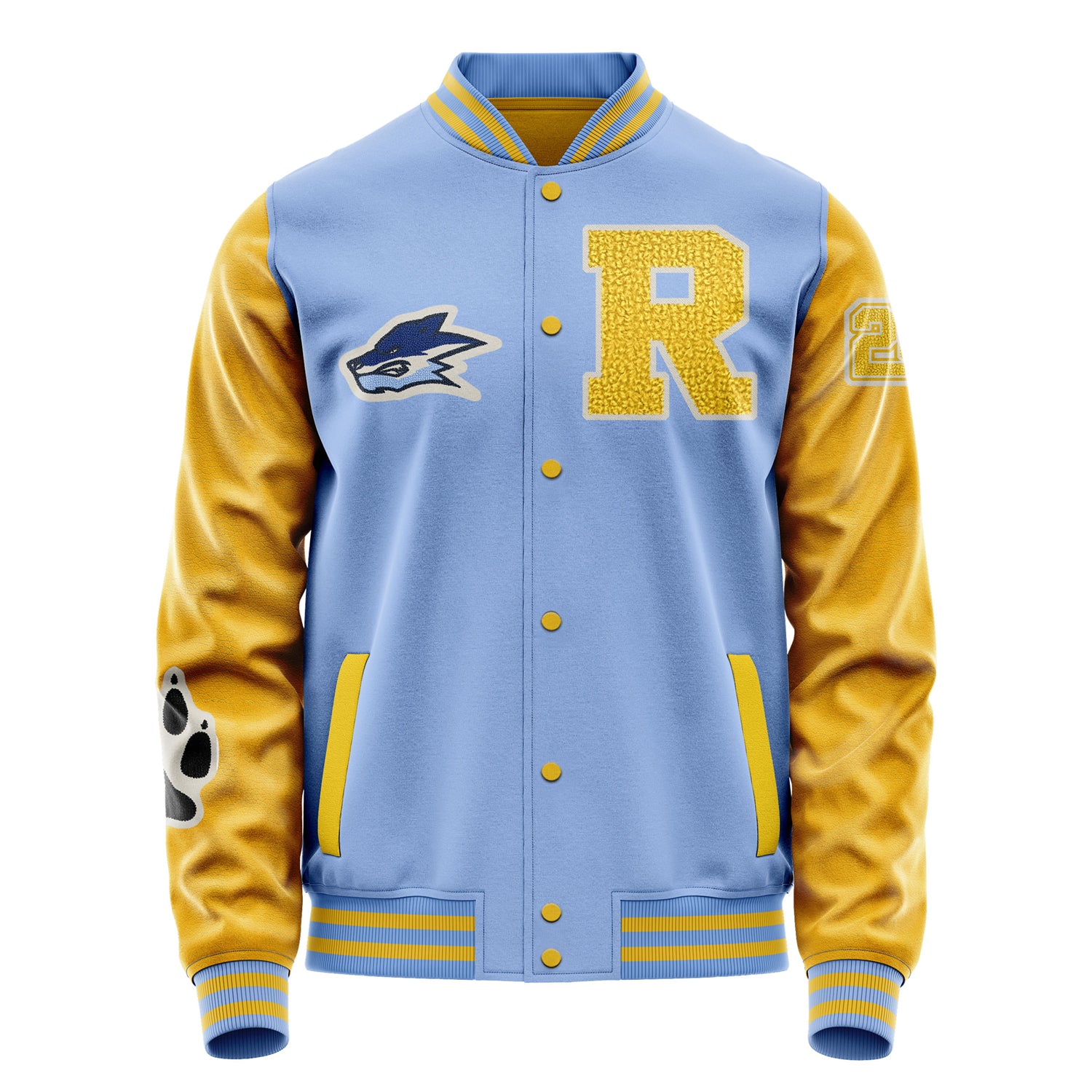 Custom Sky Blue Varsity Jacket Patches Egg Yellow Leather Sleeves - Fox Paw Prints