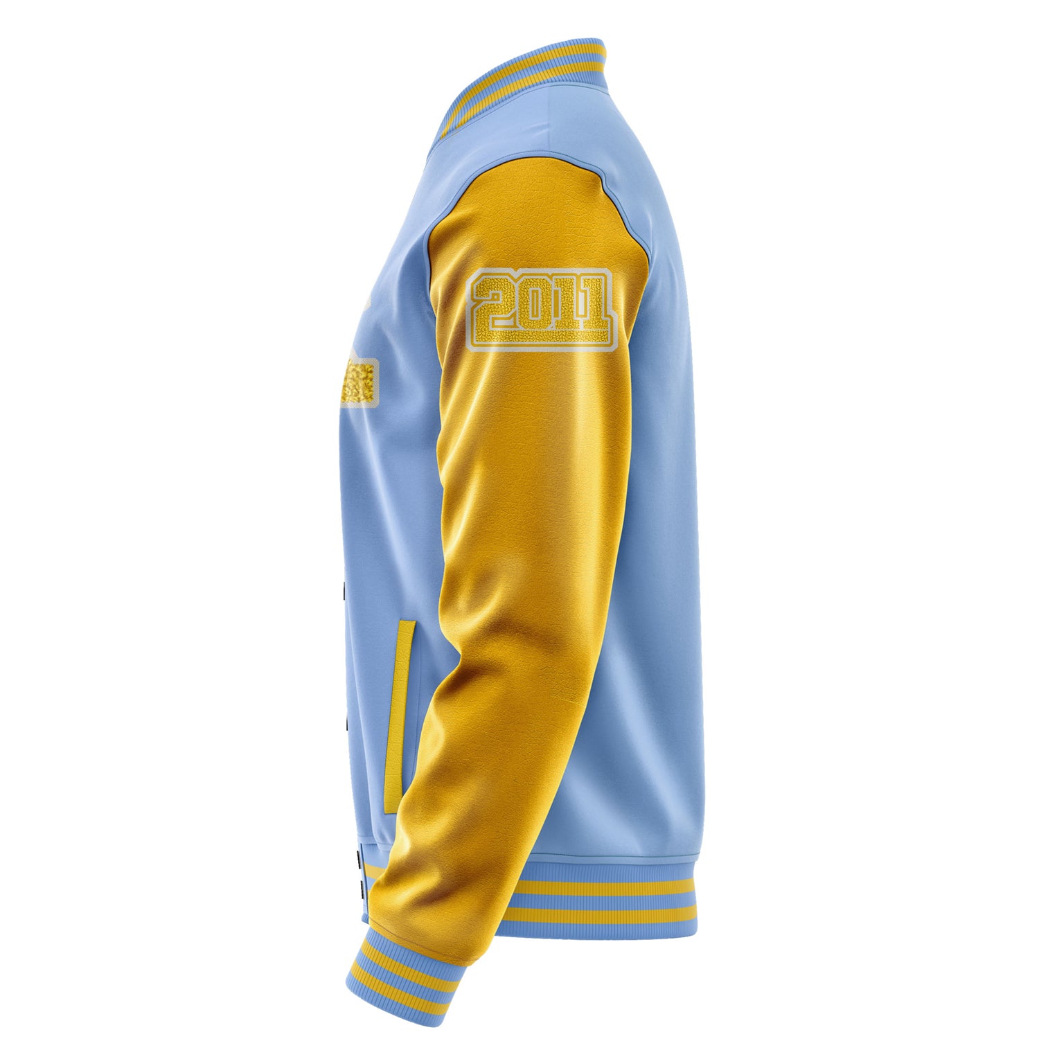 Custom Sky Blue Varsity Jacket Patches Egg Yellow Leather Sleeves - Fox Paw Prints