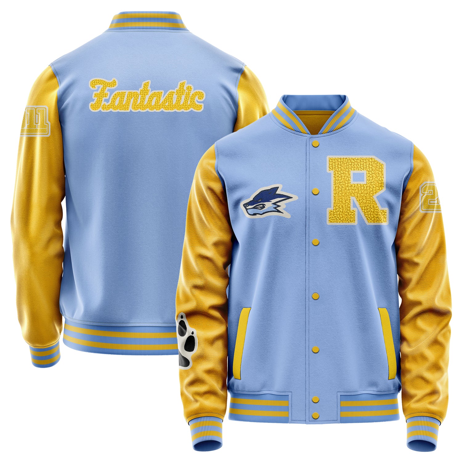 Custom Sky Blue Varsity Jacket Patches Egg Yellow Leather Sleeves - Fox Paw Prints