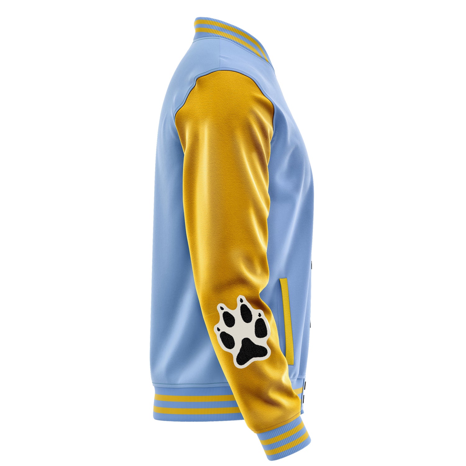 Custom Sky Blue Varsity Jacket Patches Egg Yellow Leather Sleeves - Fox Paw Prints