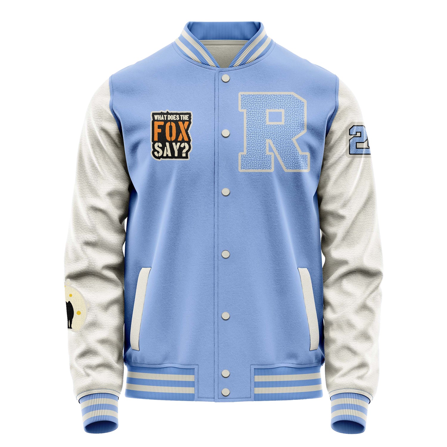 Custom Sky Blue Varsity Jacket Patches Beige Leather Sleeves - What does the fox say？