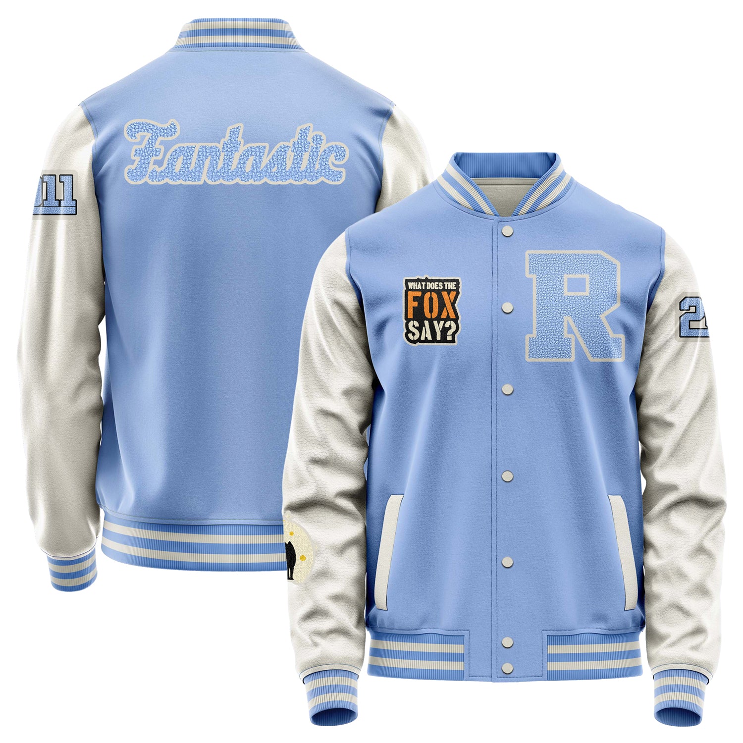 Custom Sky Blue Varsity Jacket Patches Beige Leather Sleeves - What does the fox say？
