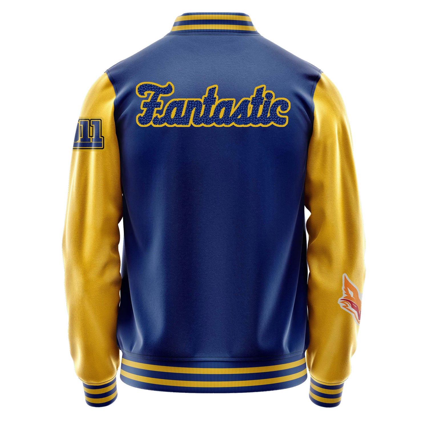 Custom Royal Blue Varsity Jacket Patches Egg Yellow Leather Sleeves - Fox head