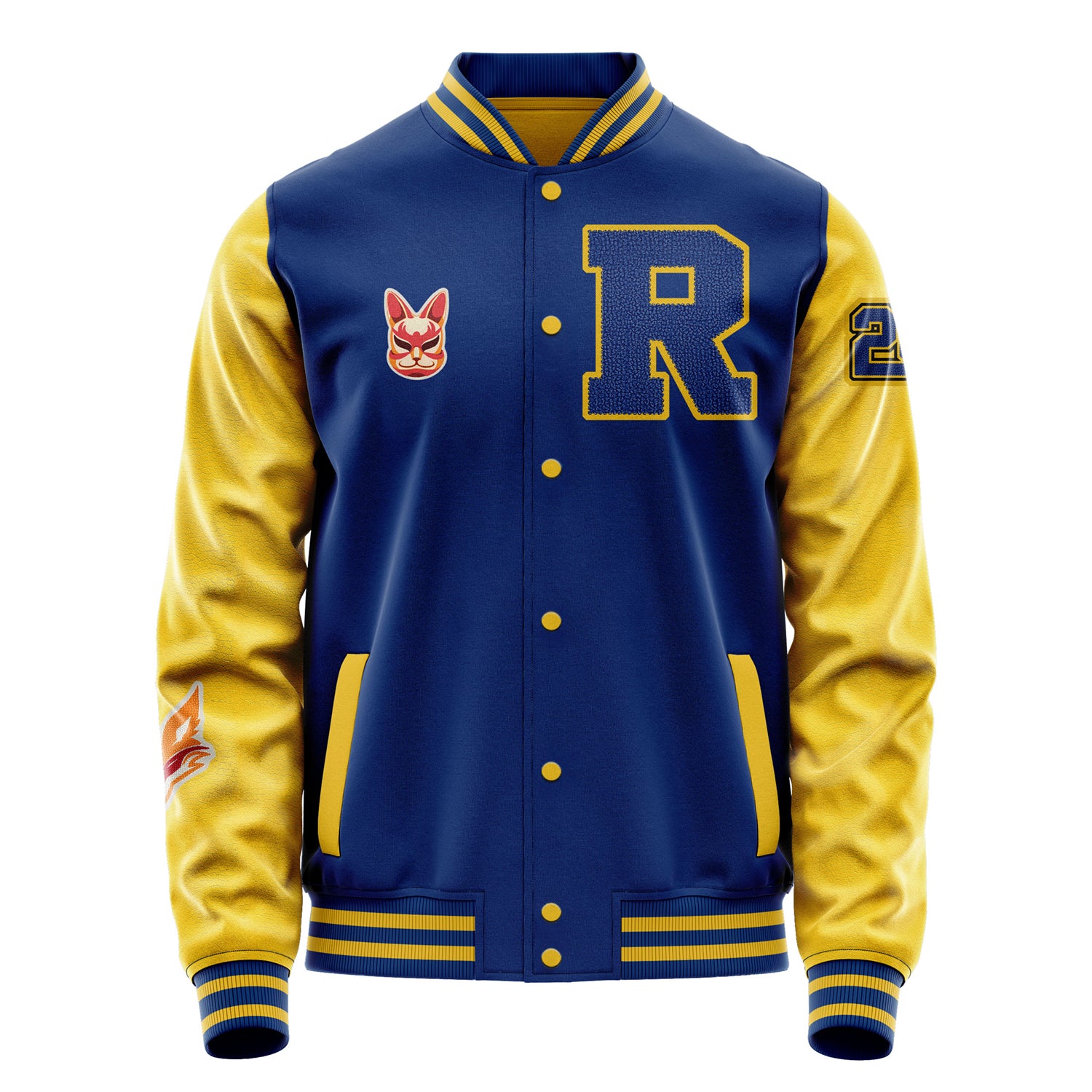 Custom Royal Blue Varsity Jacket Patches Egg Yellow Leather Sleeves - Fox head