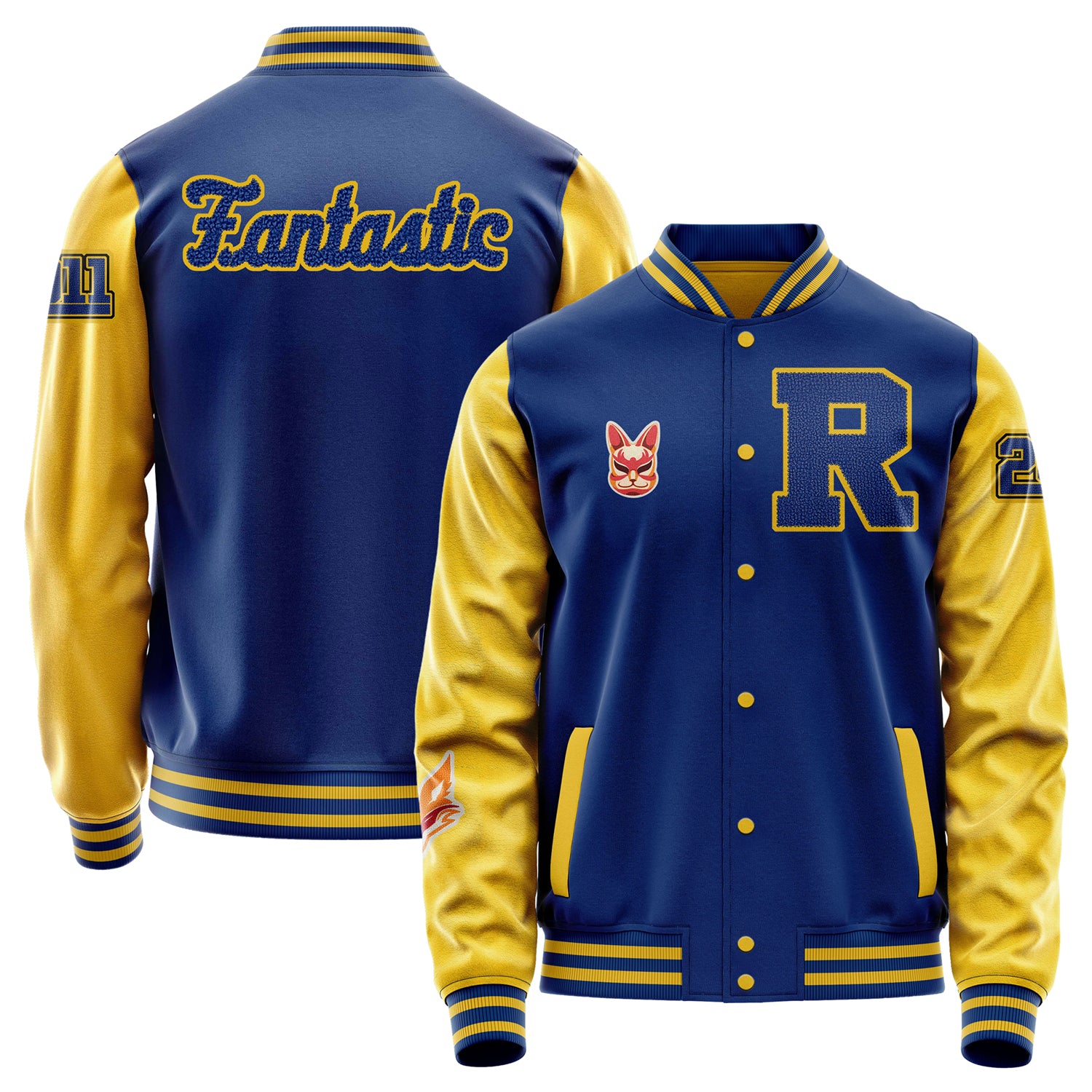 Custom Royal Blue Varsity Jacket Patches Egg Yellow Leather Sleeves - Fox head