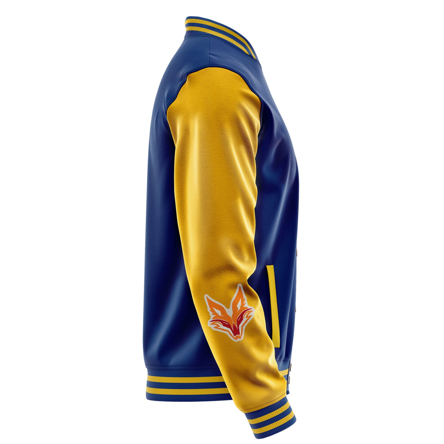 Custom Royal Blue Varsity Jacket Patches Egg Yellow Leather Sleeves - Fox head