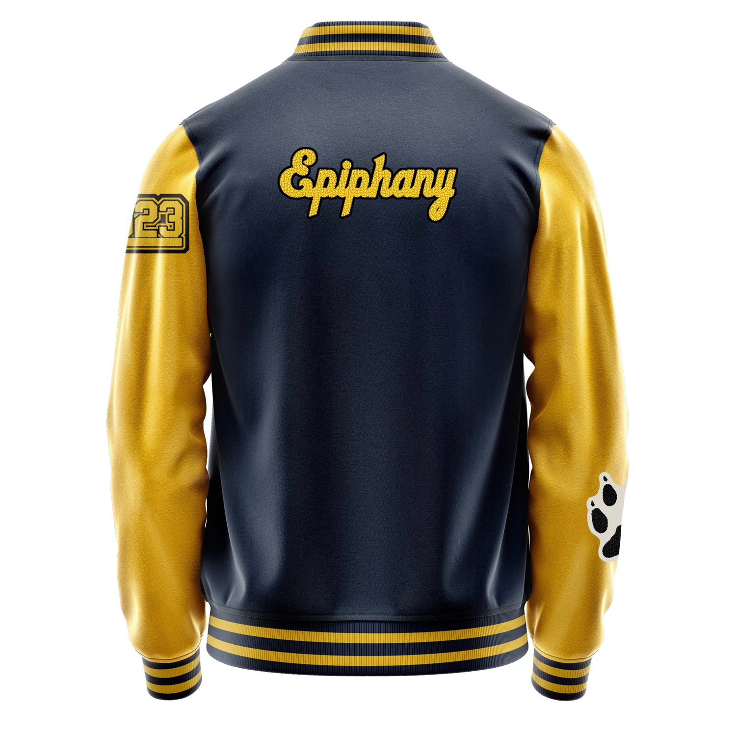 Custom Navy Blue Varsity Jacket Patches Egg Yellow Leather Sleeves - Fox Paw Prints