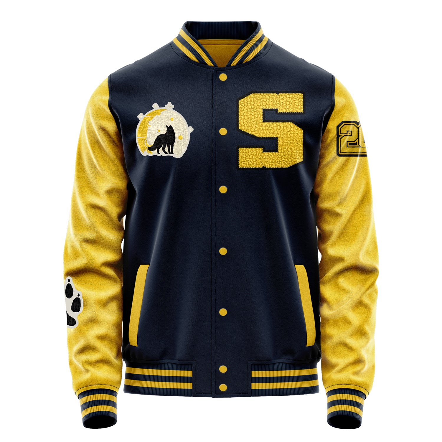 Custom Navy Blue Varsity Jacket Patches Egg Yellow Leather Sleeves - Fox Paw Prints