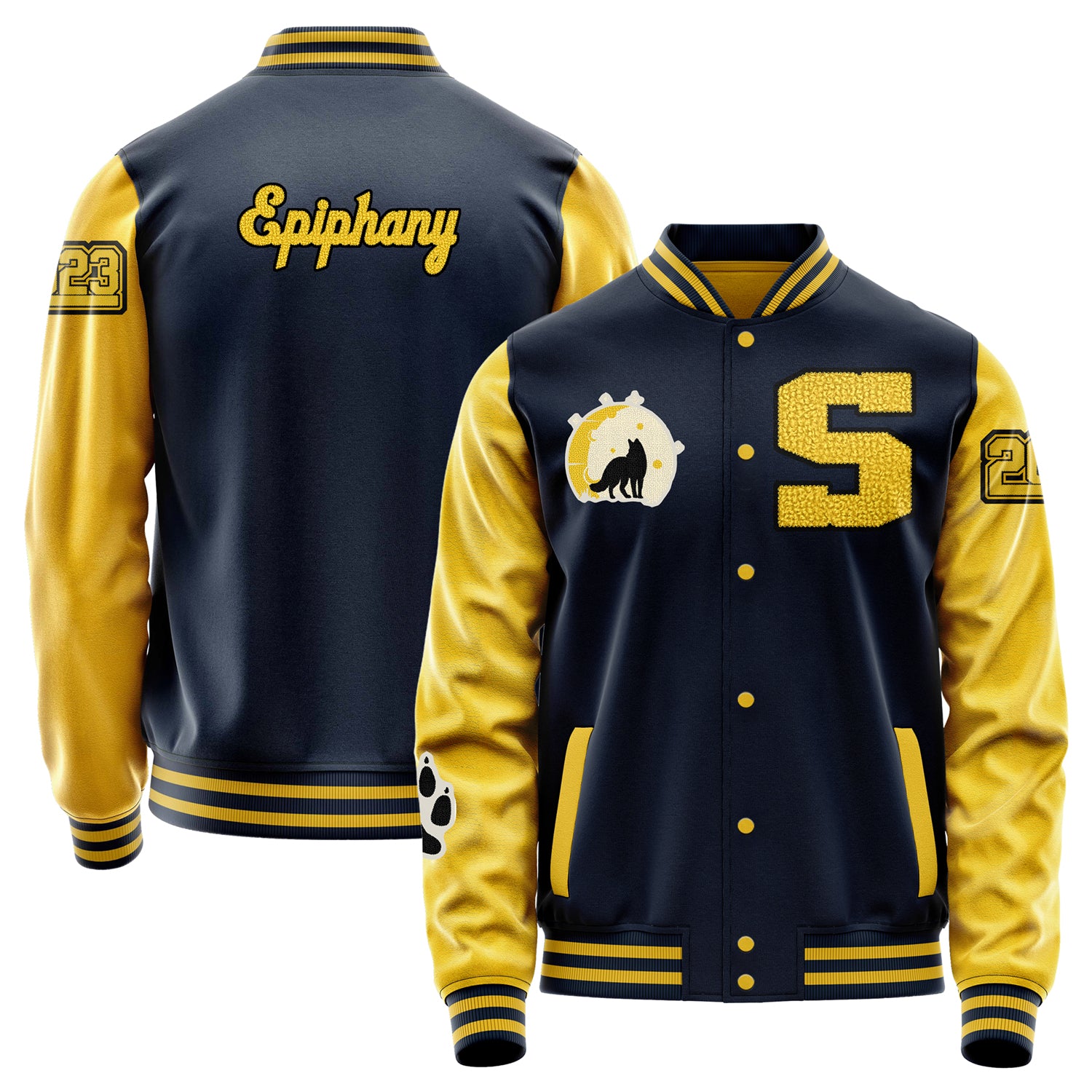 Custom Navy Blue Varsity Jacket Patches Egg Yellow Leather Sleeves - Fox Paw Prints