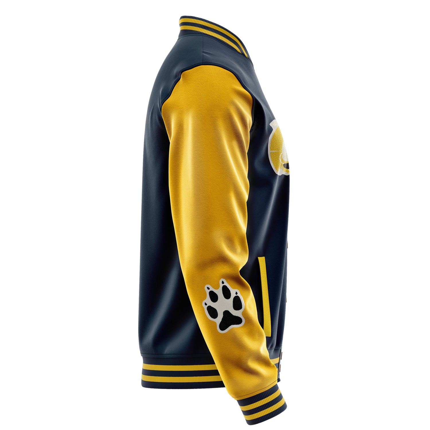 Custom Navy Blue Varsity Jacket Patches Egg Yellow Leather Sleeves - Fox Paw Prints