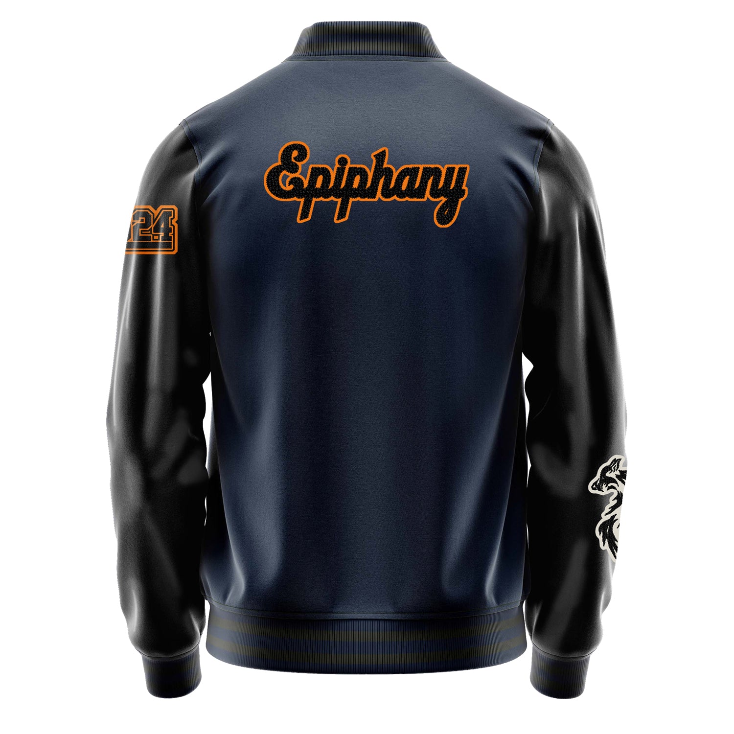 Custom Navy Blue Varsity Jacket Patches Black Leather Sleeves - Fox Silhouette