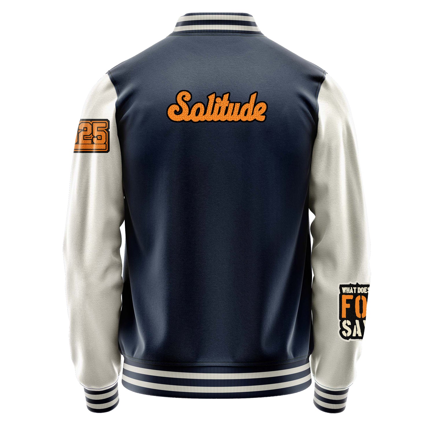 Custom Navy Blue Varsity Jacket Patches Beige Leather Sleeves - What does the fox say？