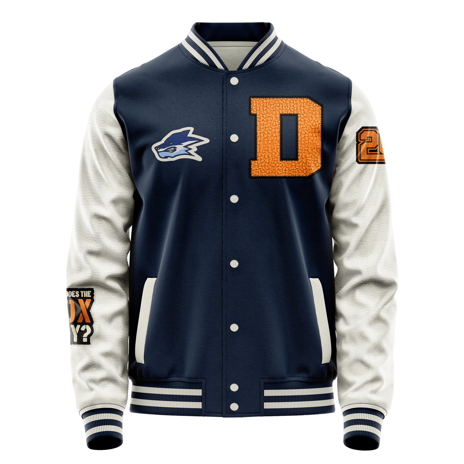 Custom Navy Blue Varsity Jacket Patches Beige Leather Sleeves - What does the fox say？