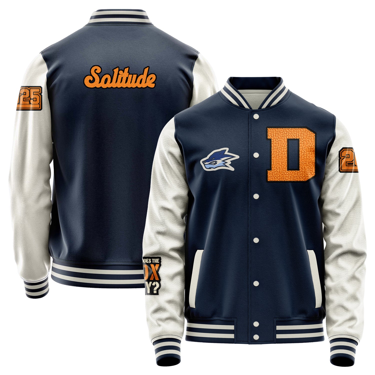 Custom Navy Blue Varsity Jacket Patches Beige Leather Sleeves - What does the fox say？