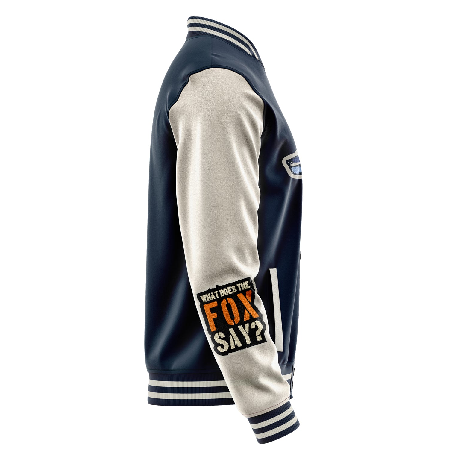 Custom Navy Blue Varsity Jacket Patches Beige Leather Sleeves - What does the fox say？
