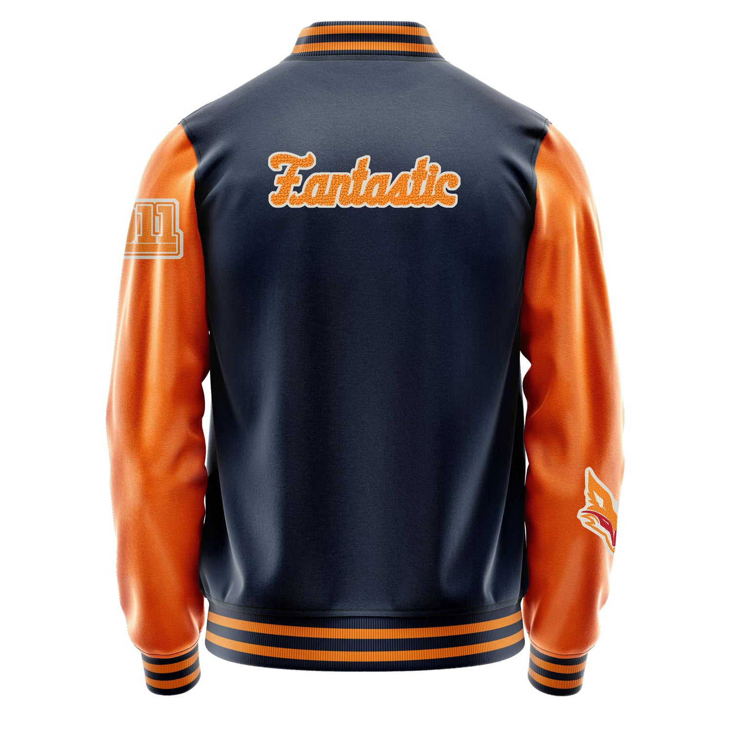 Custom Navy Blue Varsity Jacket Patches Orange Leather Sleeves - Angry Fox