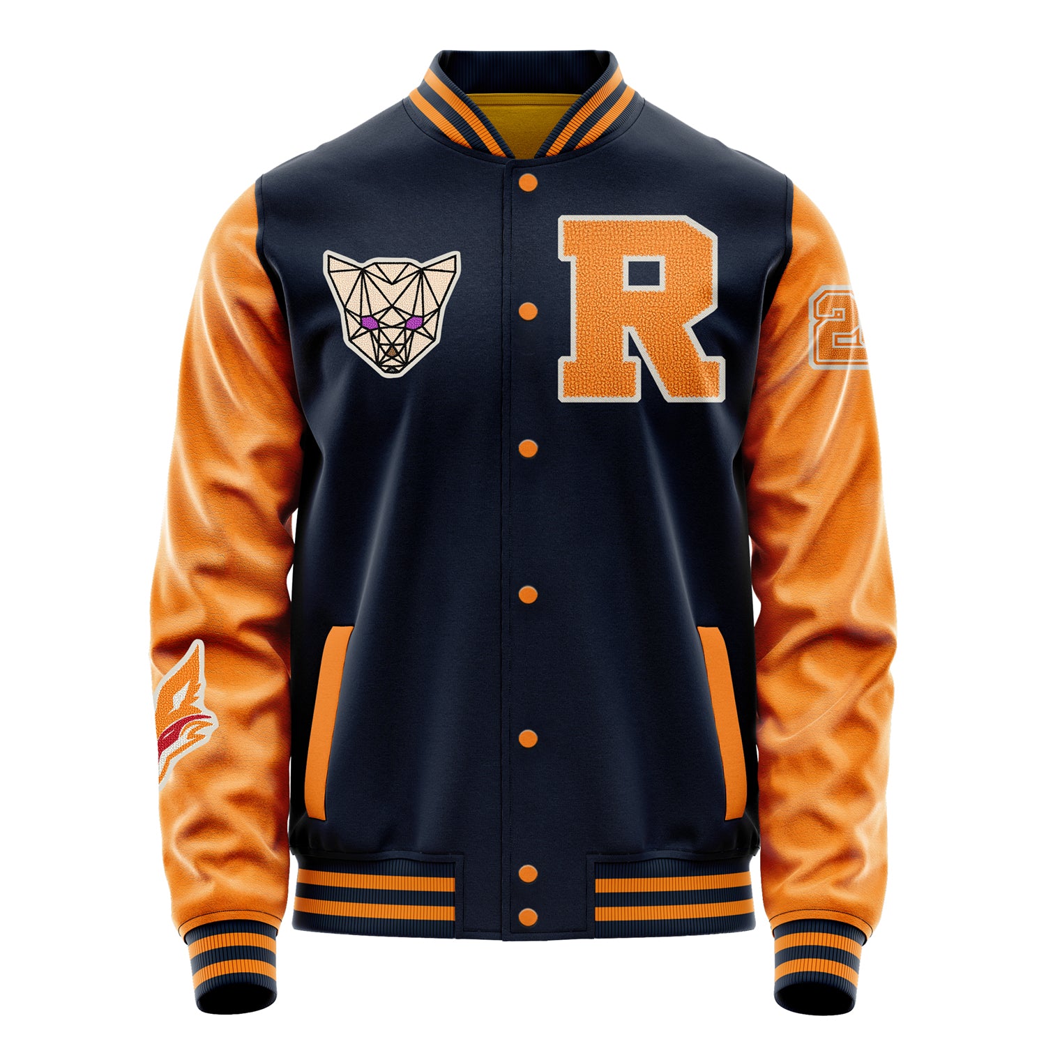 Custom Navy Blue Varsity Jacket Patches Orange Leather Sleeves - Angry Fox