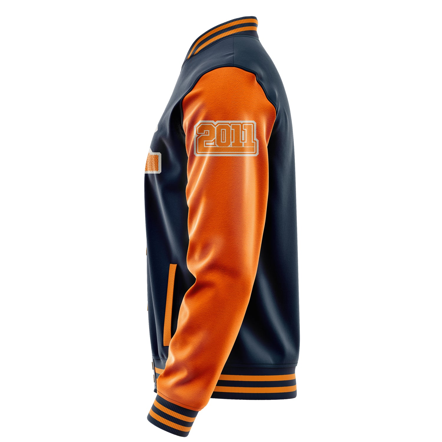 Custom Navy Blue Varsity Jacket Patches Orange Leather Sleeves - Angry Fox