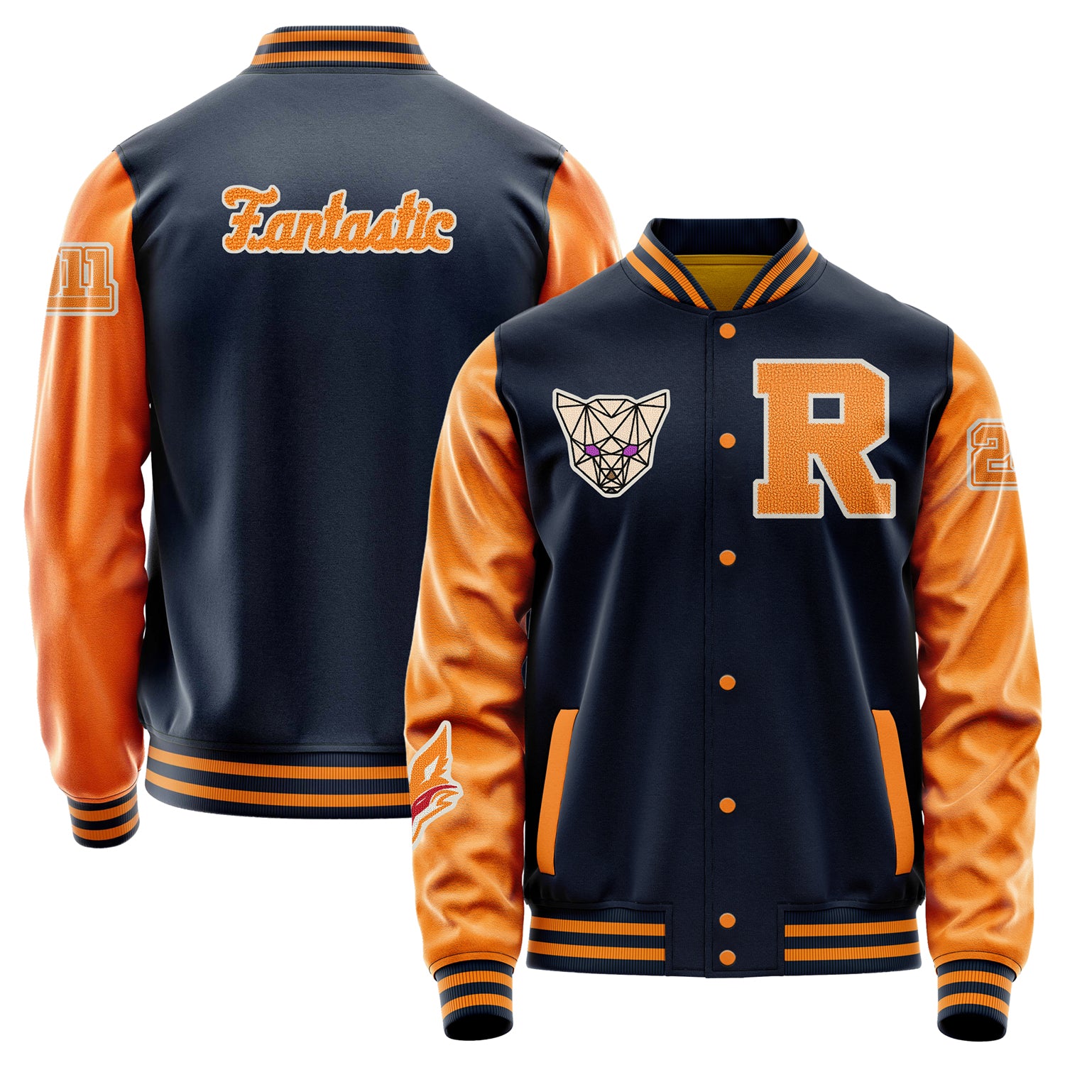 Custom Navy Blue Varsity Jacket Patches Orange Leather Sleeves - Angry Fox