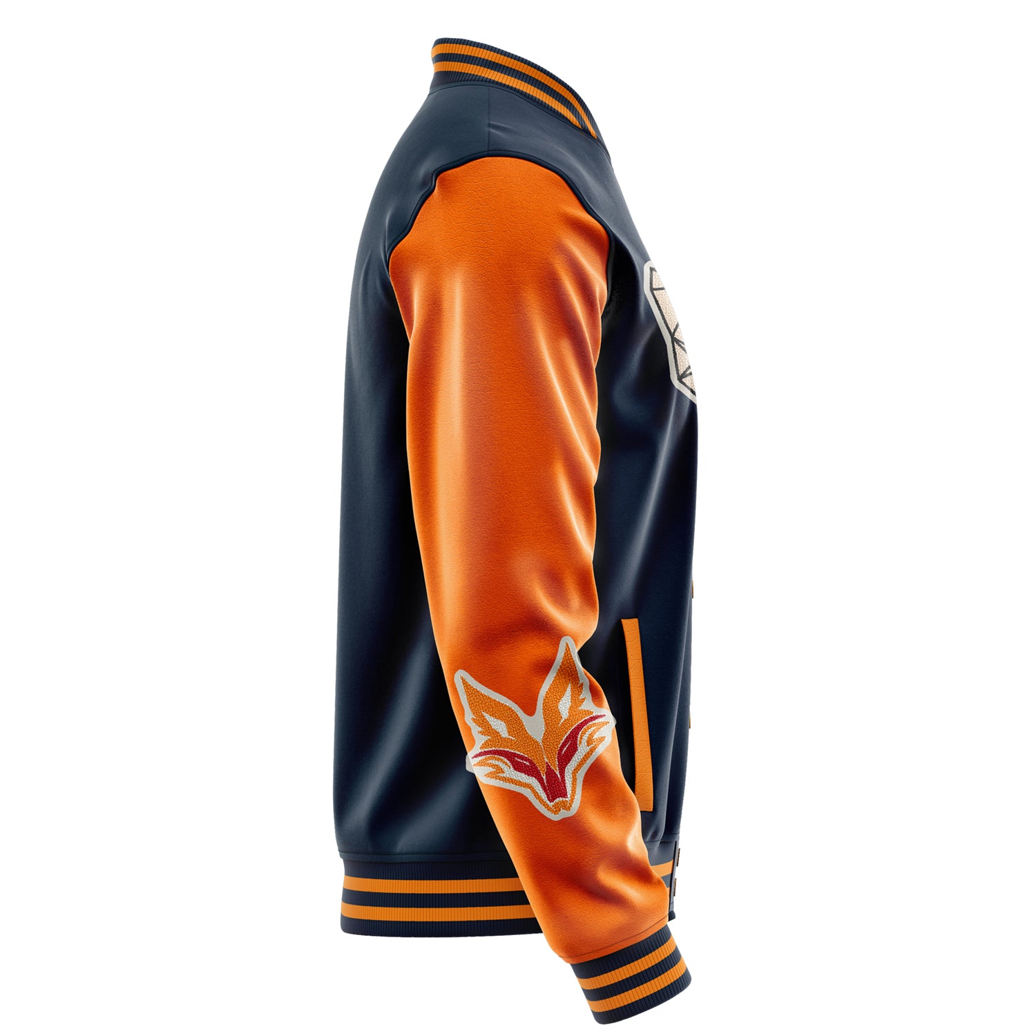 Custom Navy Blue Varsity Jacket Patches Orange Leather Sleeves - Angry Fox