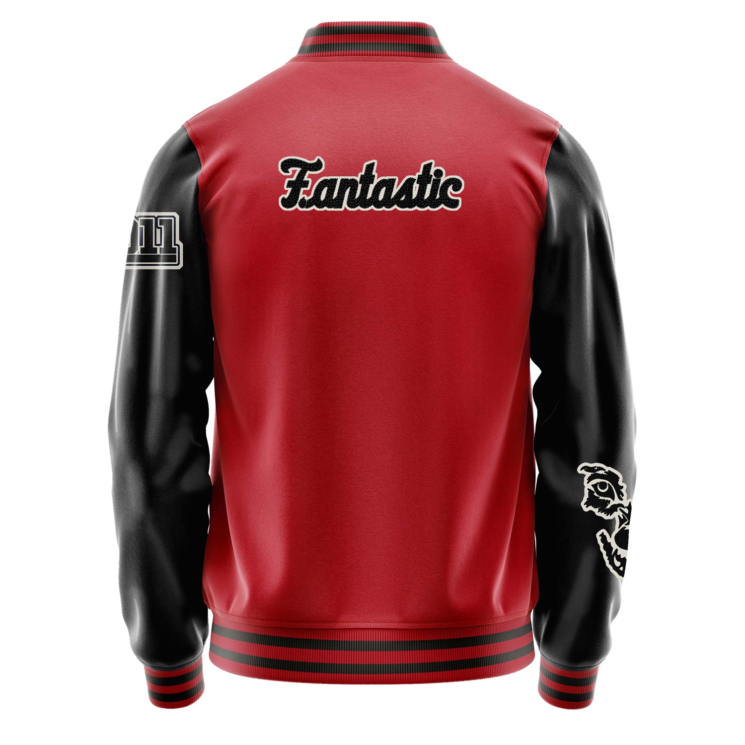 Custom Red Varsity Jacket Patches Black Leather Sleeves - Fox Paw Prints