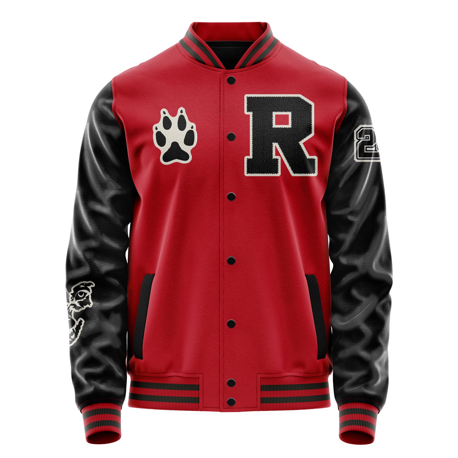 Custom Red Varsity Jacket Patches Black Leather Sleeves - Fox Paw Prints