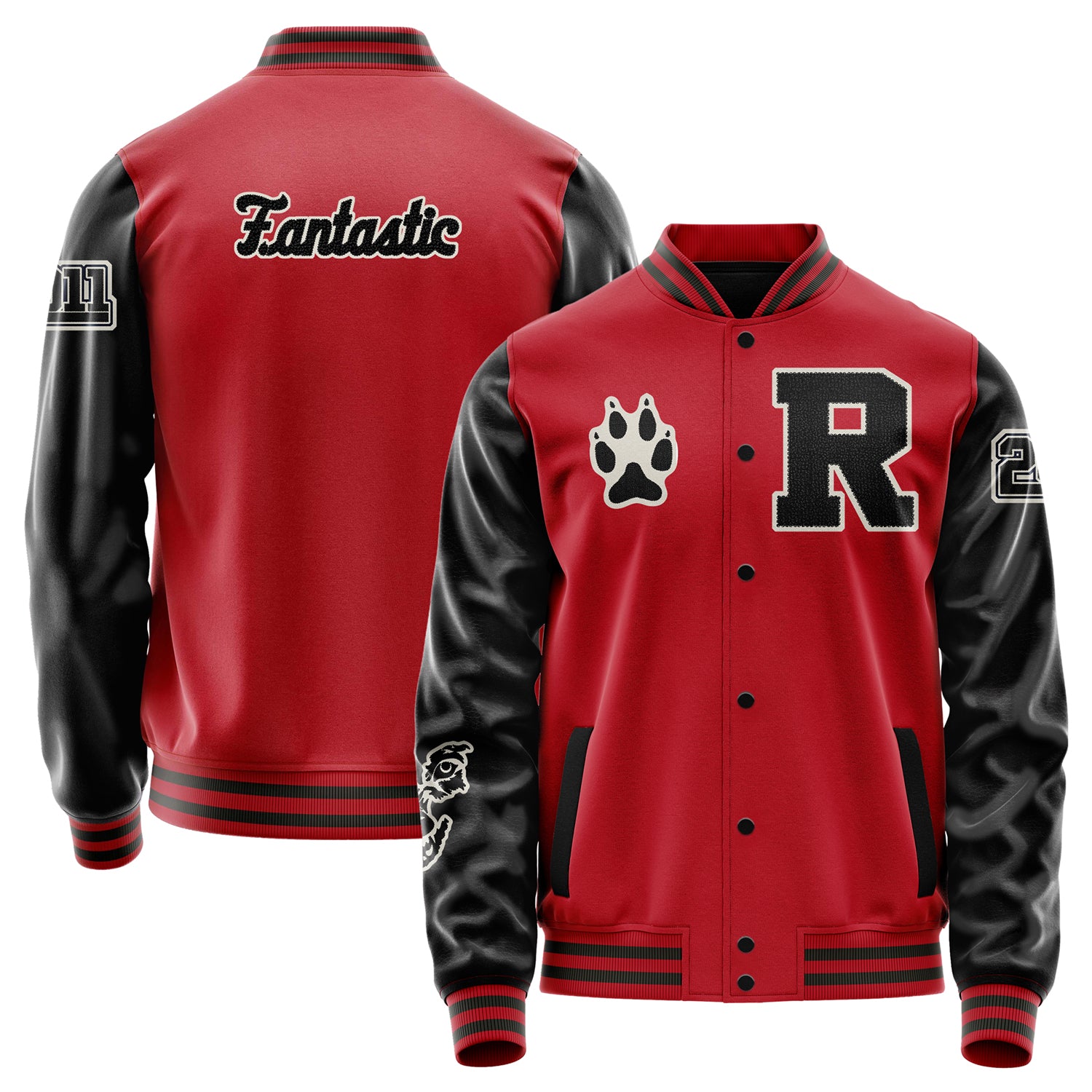 Custom Red Varsity Jacket Patches Black Leather Sleeves - Fox Paw Prints