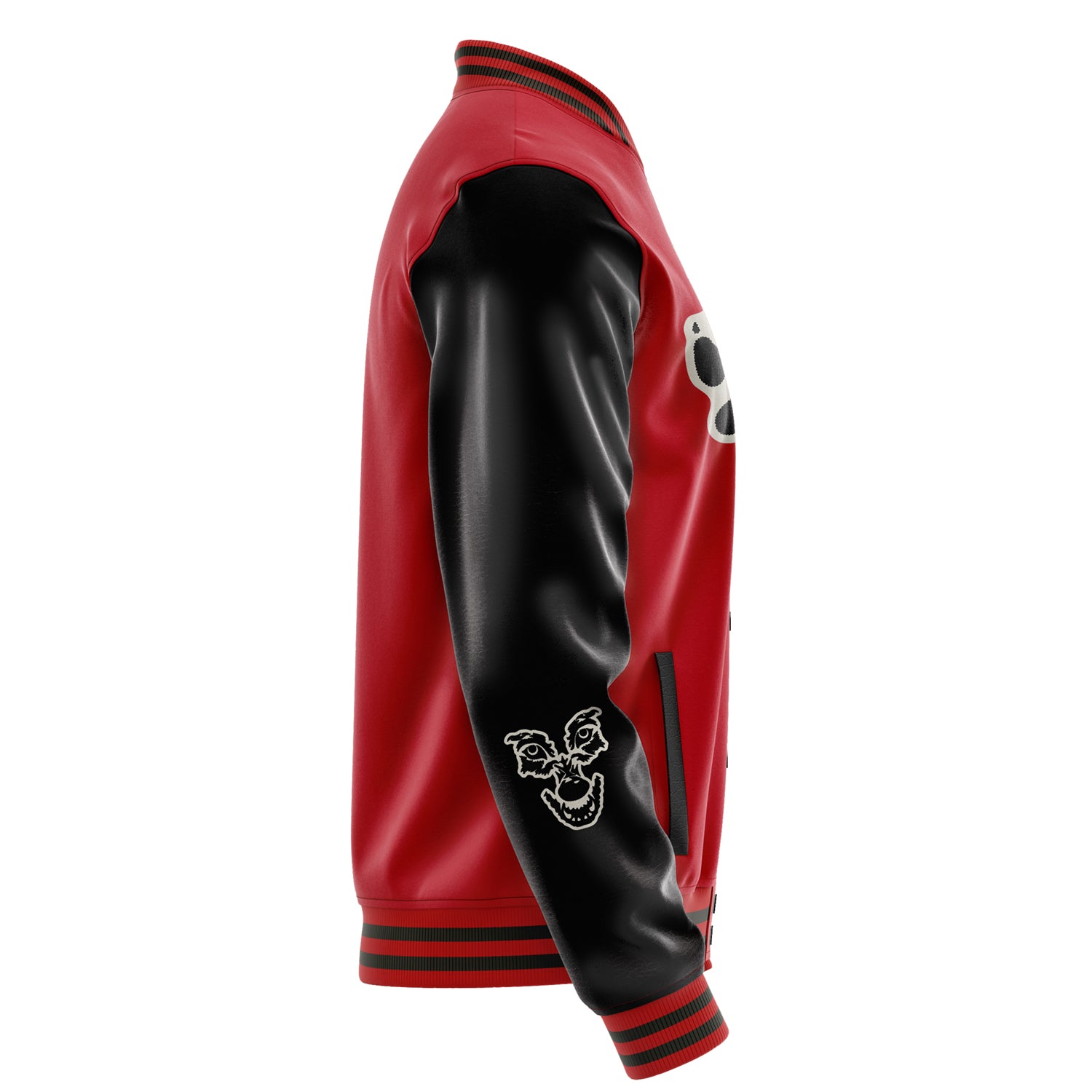 Custom Red Varsity Jacket Patches Black Leather Sleeves - Fox Paw Prints