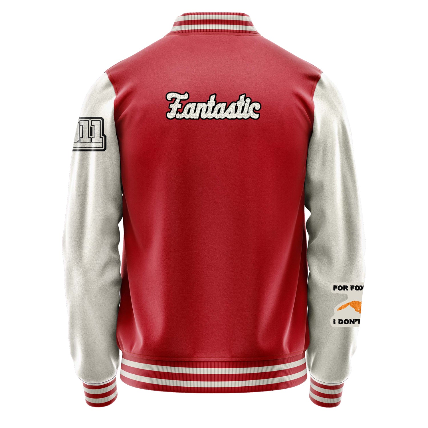 Custom Red Varsity Jacket Patches Beige Leather Sleeves - Fox Silhouette