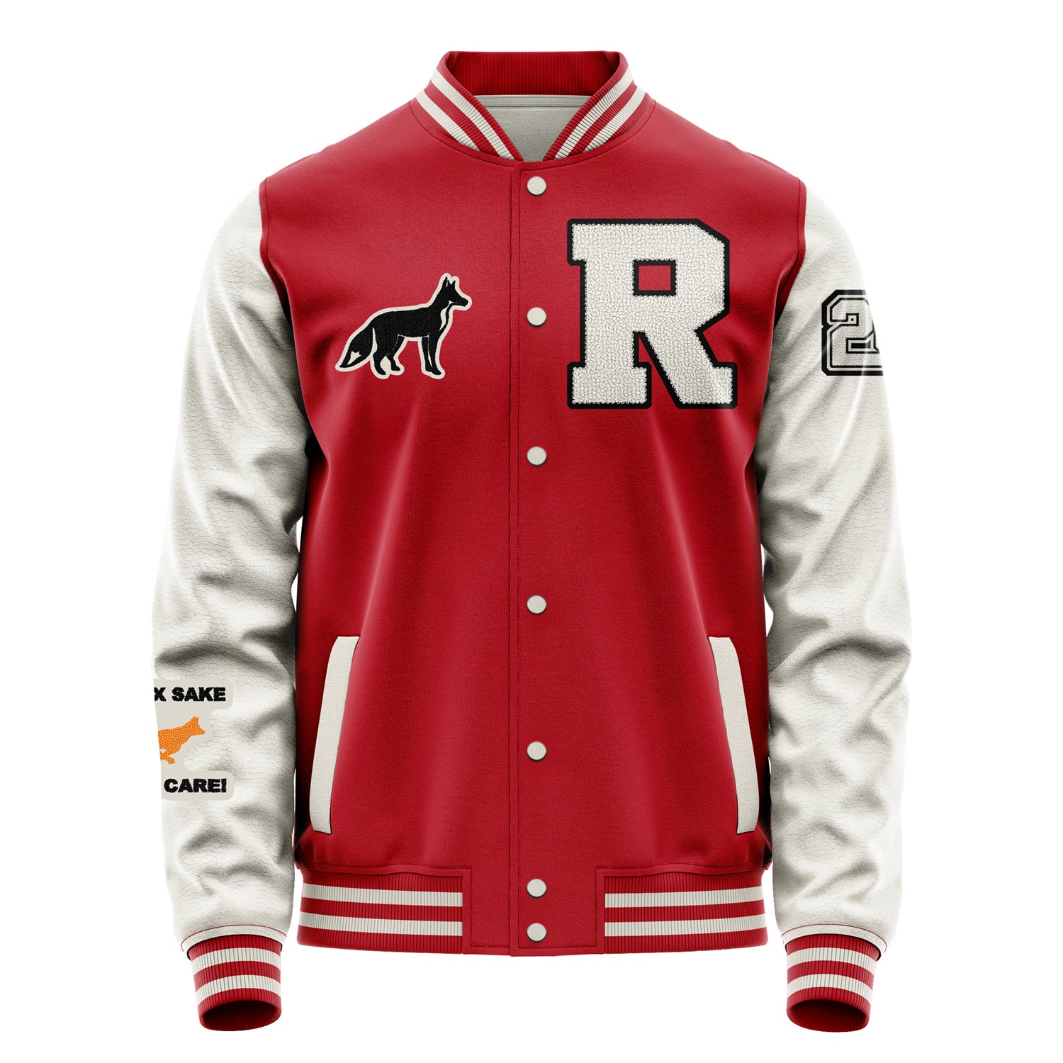 Custom Red Varsity Jacket Patches Beige Leather Sleeves - Fox Silhouette