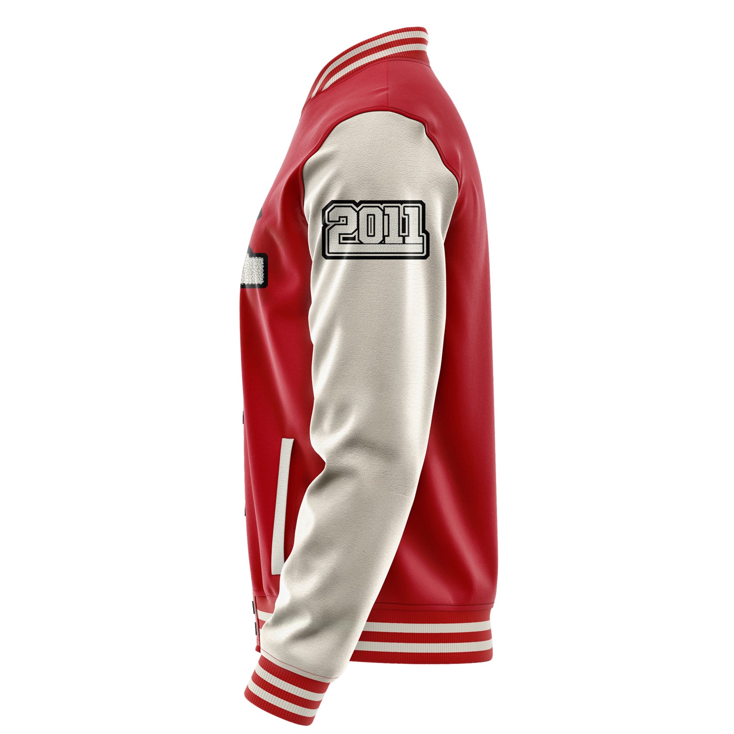 Custom Red Varsity Jacket Patches Beige Leather Sleeves - Fox Silhouette