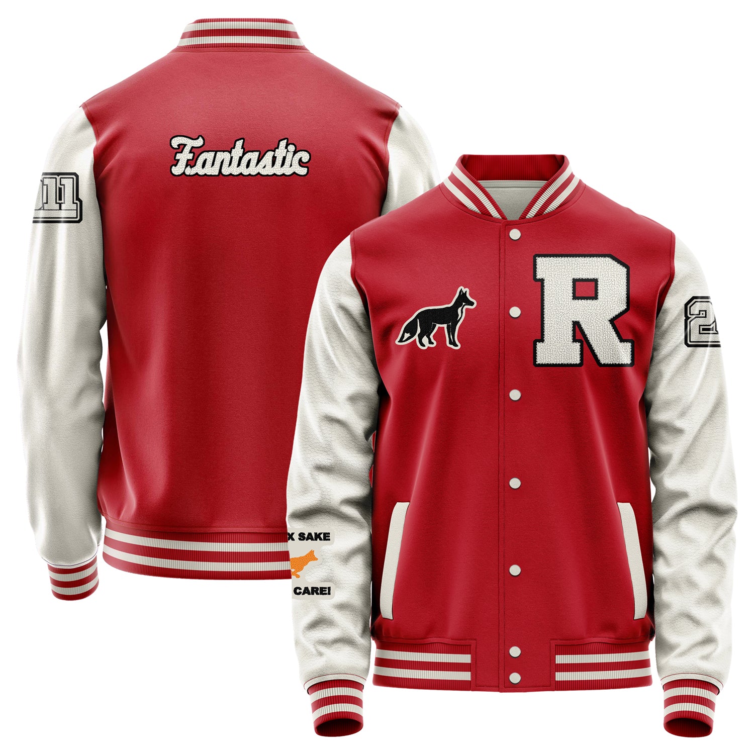 Custom Red Varsity Jacket Patches Beige Leather Sleeves - Fox Silhouette