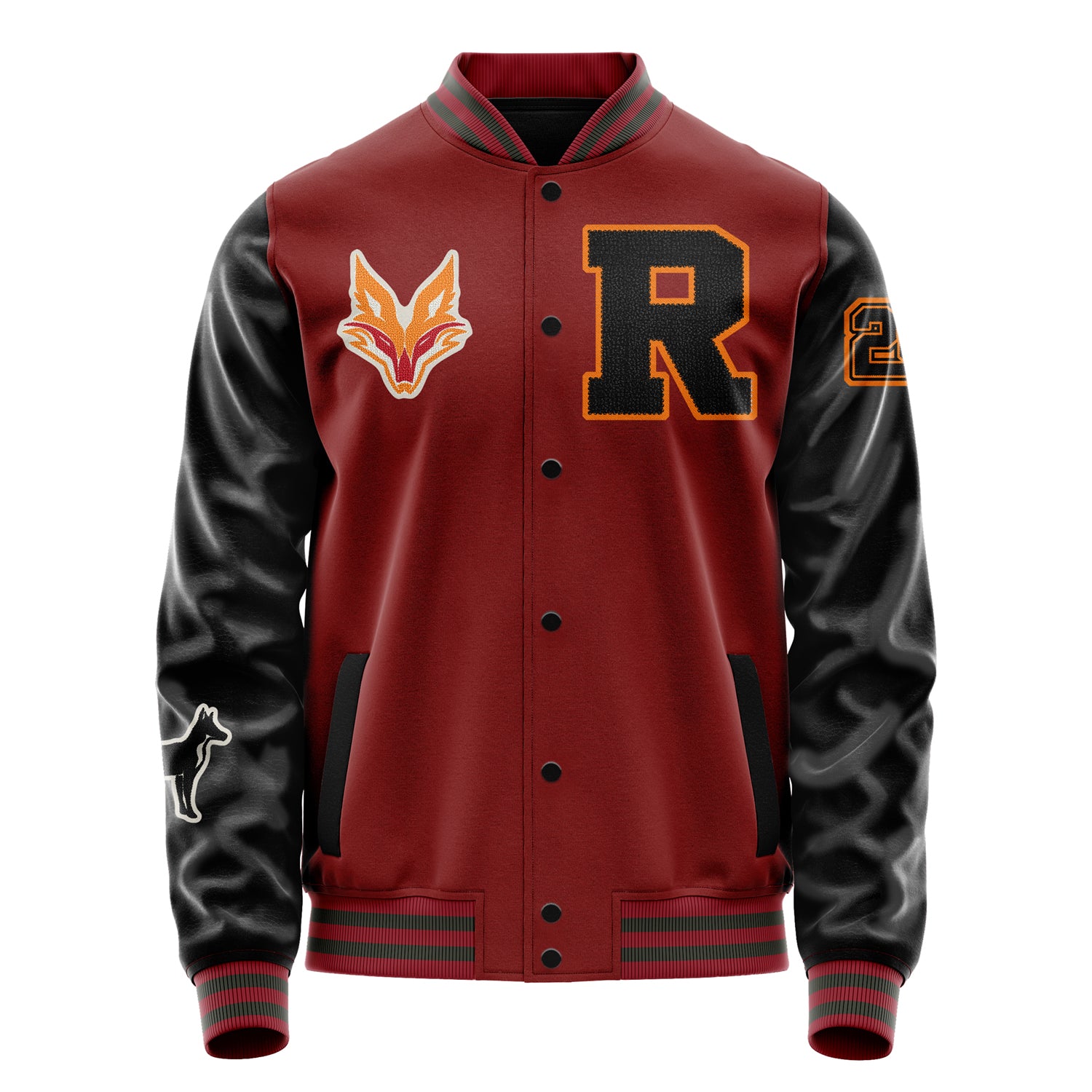 Custom Dark Red Varsity Jacket Patches Black Leather Sleeves - Fox head