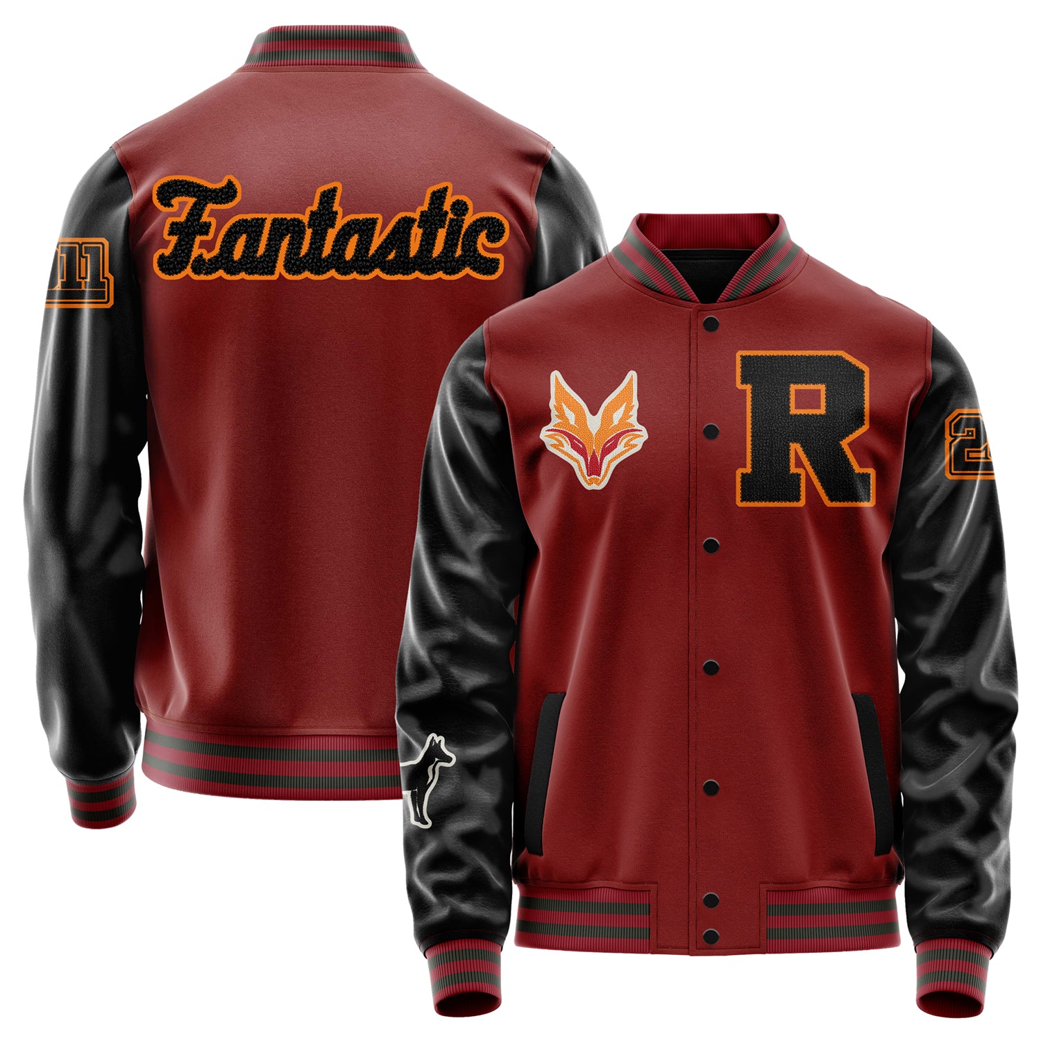 Custom Dark Red Varsity Jacket Patches Black Leather Sleeves - Fox head