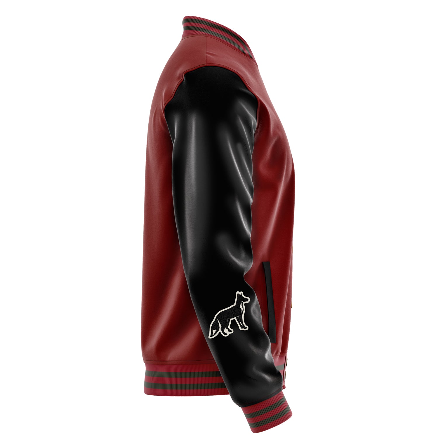 Custom Dark Red Varsity Jacket Patches Black Leather Sleeves - Fox head