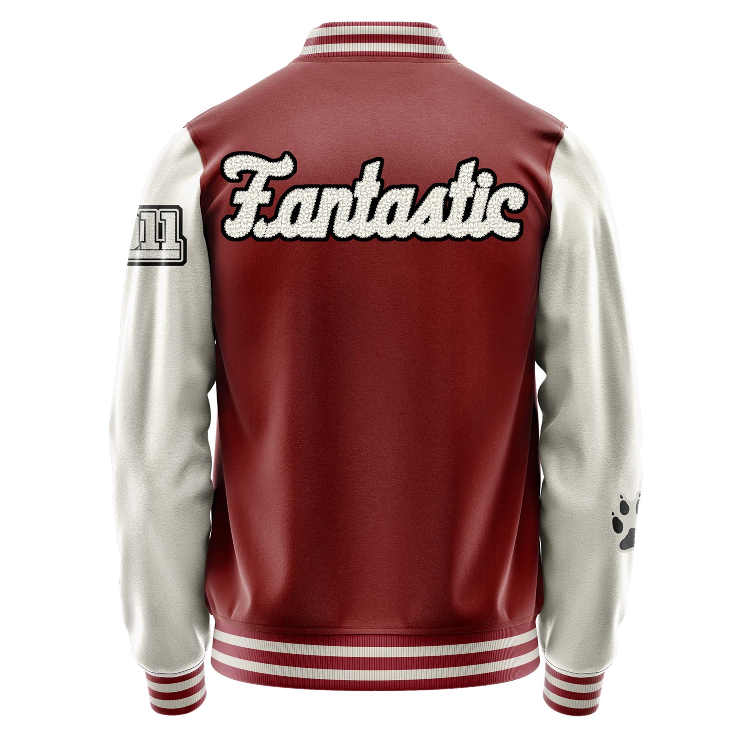 Custom Dark Red Varsity Jacket Patches Beige Leather Sleeves - Fox Paw Prints