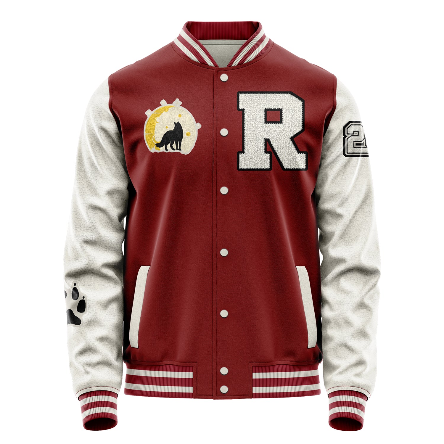 Custom Dark Red Varsity Jacket Patches Beige Leather Sleeves - Fox Paw Prints