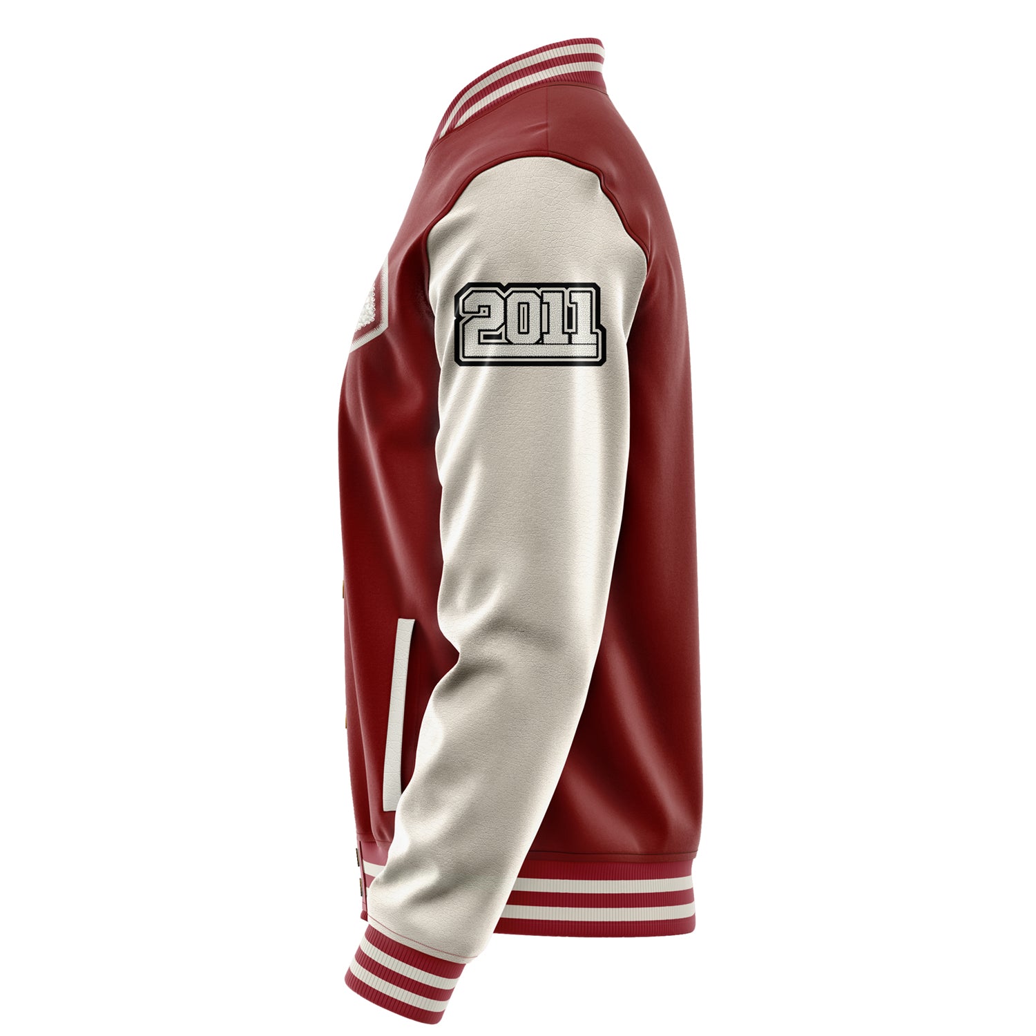 Custom Dark Red Varsity Jacket Patches Beige Leather Sleeves - Fox Paw Prints